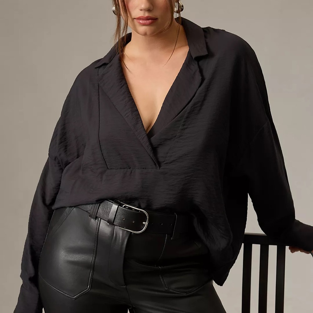 Anthropologie Dylon Long-Sleeve Wide-Placket Top, black, size XL